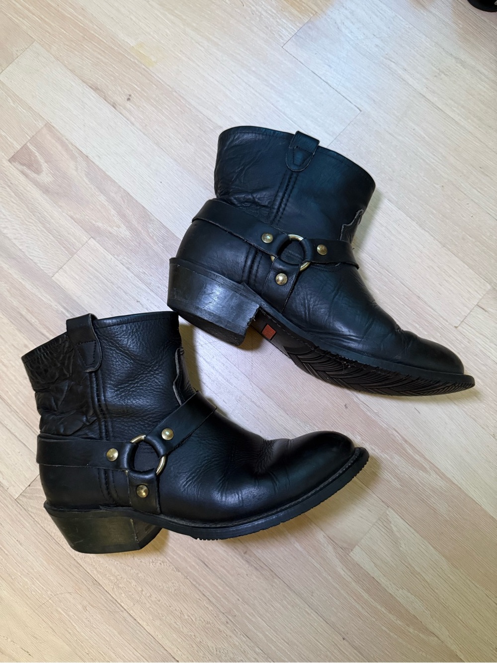 Vintage Black Leather Harness Ankle Boots